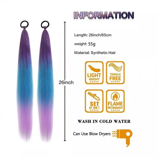 2PCS 26Inch Synthetic Long Straight Ponytail with Elastic Hair Colorful Braiding Hair Ponytail Hair Extensions Hair Accessories