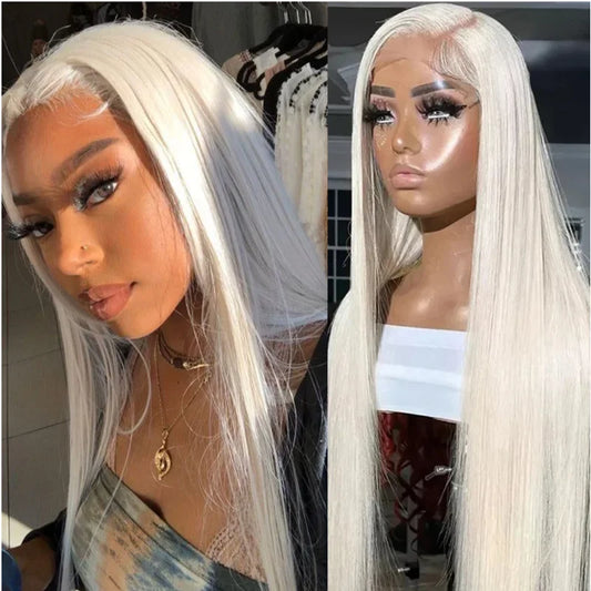 Soft Preplucked Ash Blonde White 26Inch 180Density Straight Lace Front Wig Synthetic With Baby Hair Glueless Daily Wear Wigs