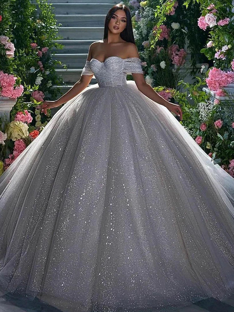 Smileven Princess Wedding Dress Ball Gowns Glitter Tulle Sweetheart Bride Dresses Robe De Mariee Off The Shoulder Wedding Gowns