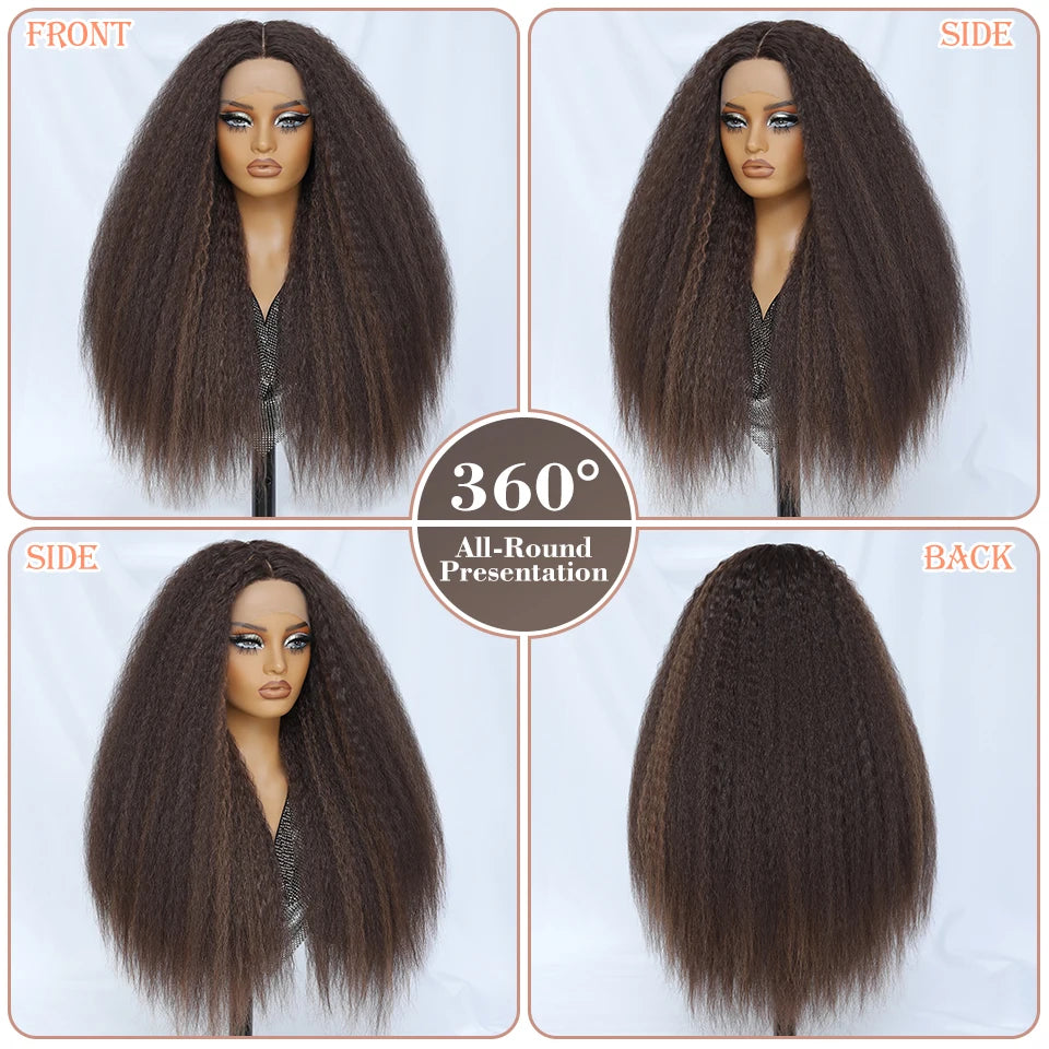 28 Inch Kinky Straight Lace Wigs Synthetic Black T Part Yaki Straight Lace Front Wigs For Women Brown Afro Wigs With Hair Line
