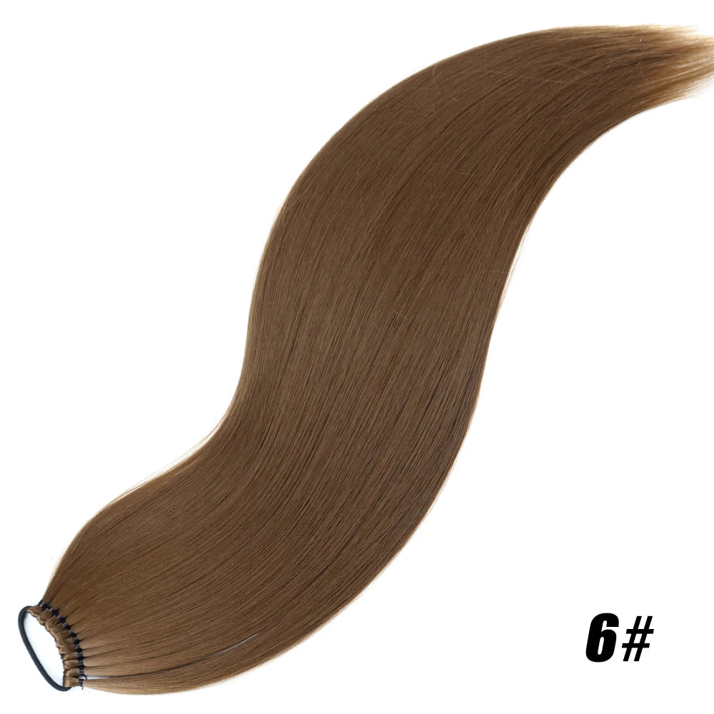 Synthetic 24Inch Ponytail Extensions Black Natural Braided Pony Tail Hairpiece Long Straight Rubber Band Hair For Women