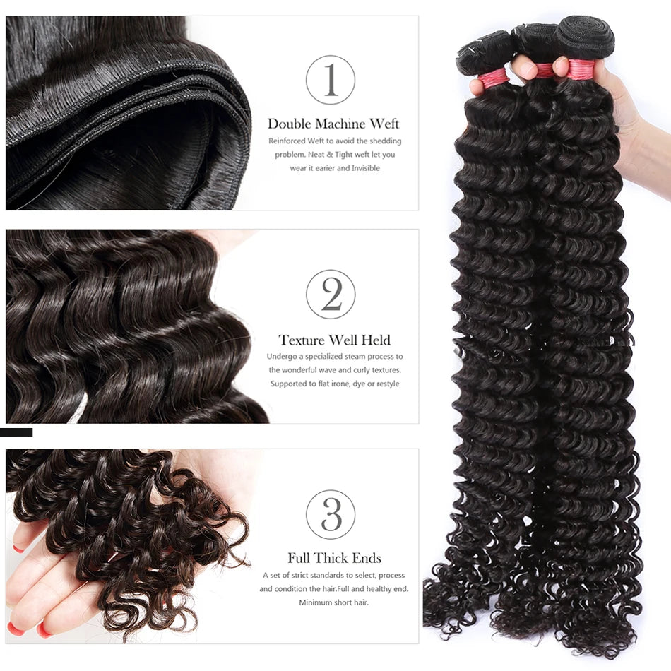 PD 30 32 36 40 Inch Deep Wave Human Hair Bundles Brazilian Remy Unprocessed Weaving Curly Hair Bundles Weave Extensions Deals