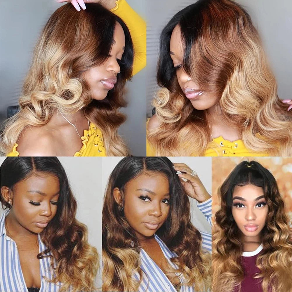 Ombre Human Hair Bundles With Closure Body Wave 100% Unprocessed Virgin Hair Brown Blonde Colored 3/4 Bundles With Closure