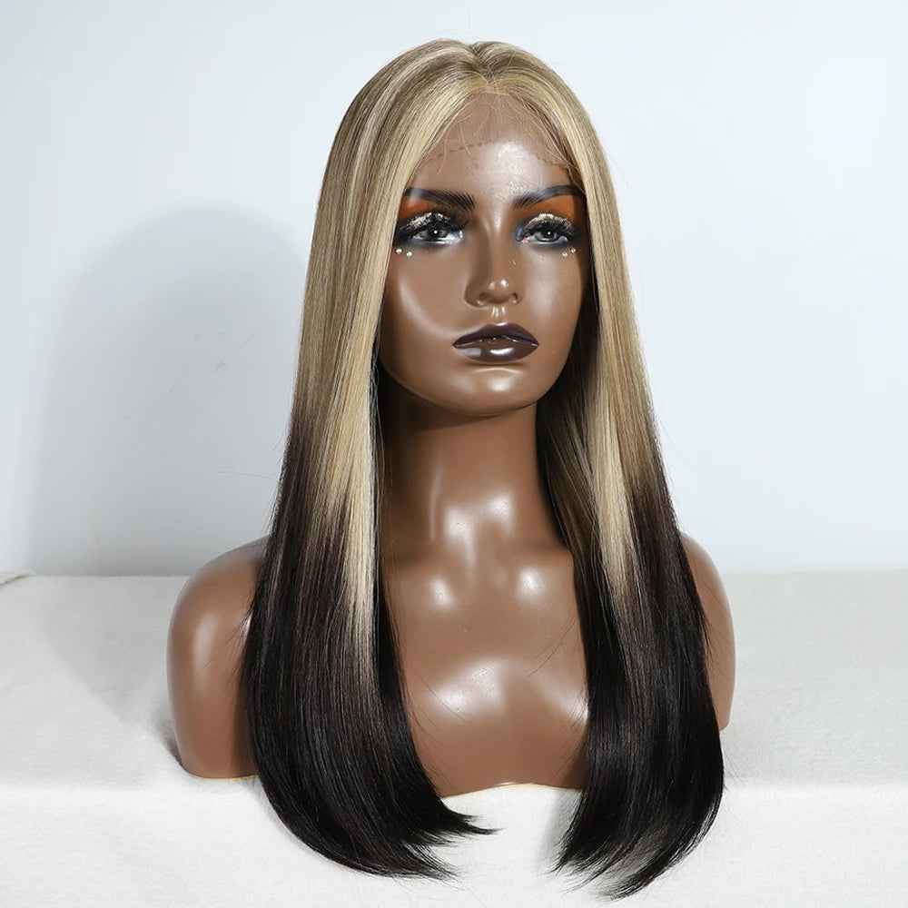 Synthetic Lace Front Wig Straight Baby Hair Bob Wig Bown Black Blonde Hair Wig 22"Cosplay Wig For Women Heat Resistant Wig