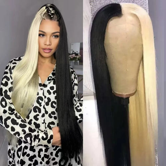 Remy Colored #613 Brazilian 100% Human Hair Wigs Half Black and Half Blonde Straight Lace Front Wigs Human Hair Wigs For Women