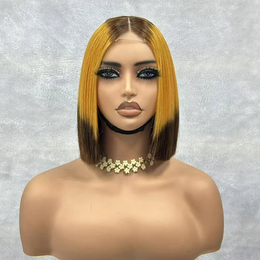 2x6 Lace Closure Bob Wigs Honey Brown Color Vietnam Raw Bone Straight Human Hair Short Bob Glueless Wigs for Women 180% Density