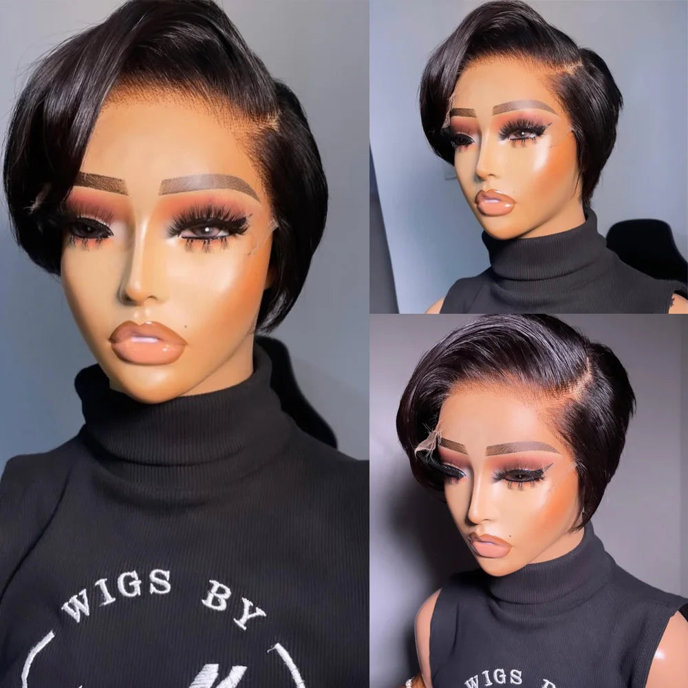 Ombre #1B Brown Short Pixie Cut Wigs For Women Human Hair 200% Straight Chocolate brown Lace Front Bob Wig Brazilian Remy Hair