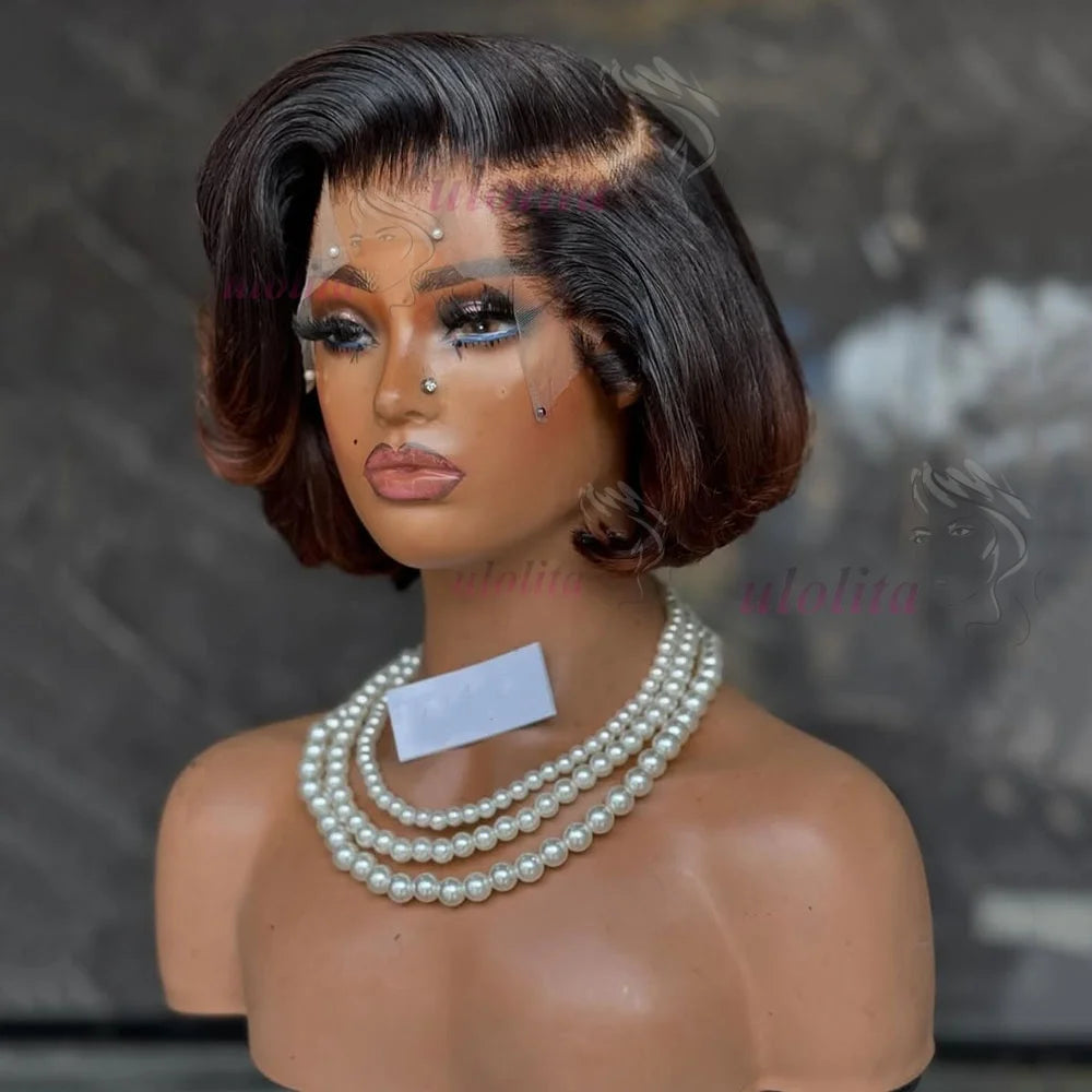 Short straightBob Wigs 13x4 HD Lace Closure Wig Blunt Cut with face framing layers Glueless Human Hair Ombre Chocolate brown wig