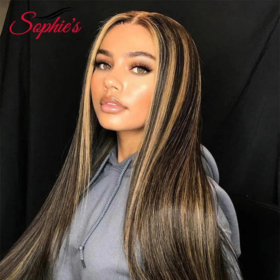 Sophie's 13*4 Lace Frontal Highlight Human Hair Wig 180% Density Wigs for  Women Brazilian Straight Remy Hair Wig 14-28 Inch