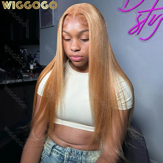 Wiggogo #27 Honey Blonde Human Hair Straight Wig 13X6 Lace Frontal Preplucked Wig 30 32 Inch Lace Front Colored Brazilian Wigs