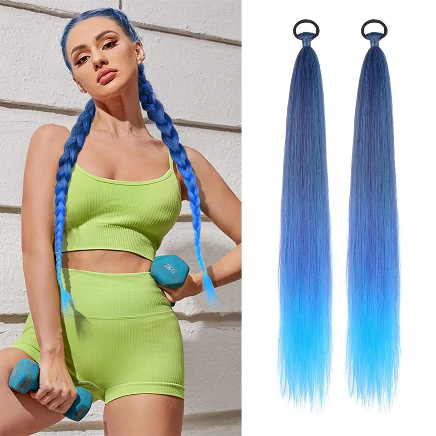 2PCS 26Inch Synthetic Long Straight Ponytail with Elastic Hair Colorful Braiding Hair Ponytail Hair Extensions Hair Accessories