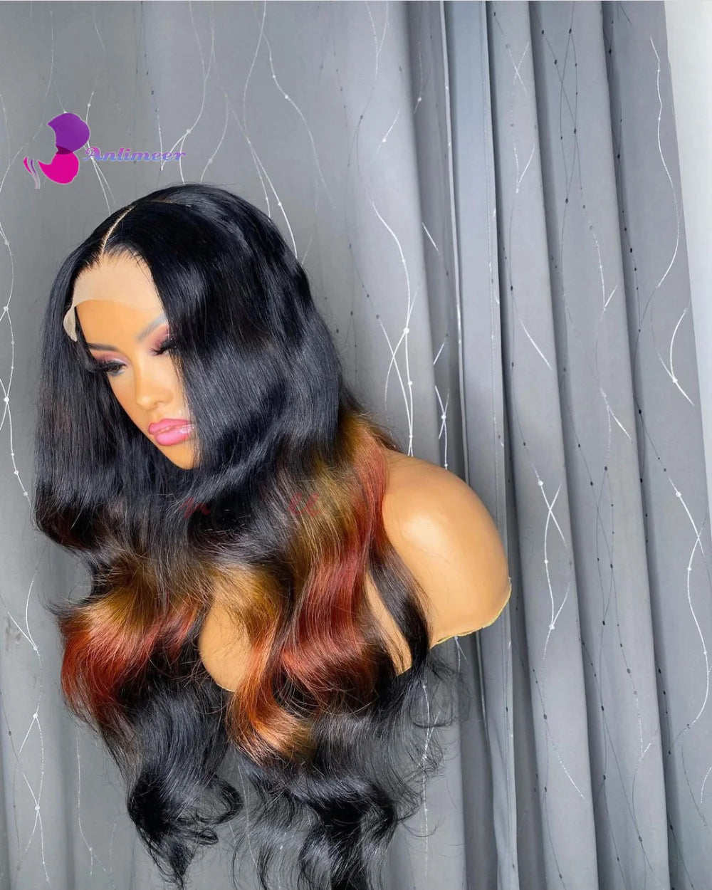 Jet Black Ombre Orange Ginger Mixed Colored Human Hair Long Wigs Body Wave Lace Front Wig Real Human Hair Wig for Black Women