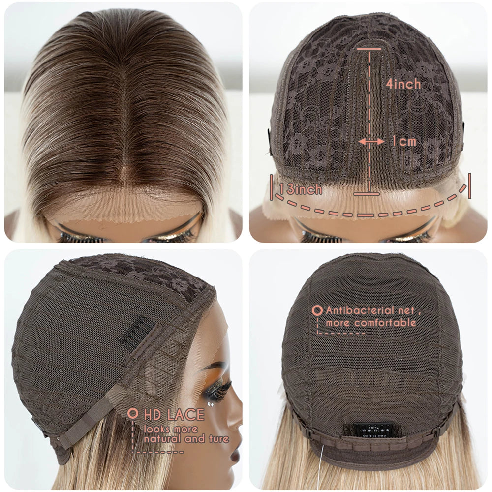 Synthetic Lace Front Wig Straight Baby Hair Bob Wig Bown Black Blonde Hair Wig 22"Cosplay Wig For Women Heat Resistant Wig