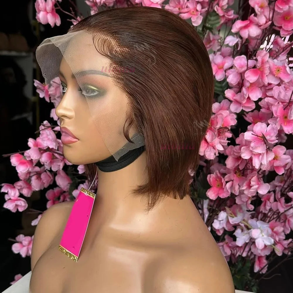 Ombre #1B Brown Short Pixie Cut Wigs For Women Human Hair 200% Straight Chocolate brown Lace Front Bob Wig Brazilian Remy Hair