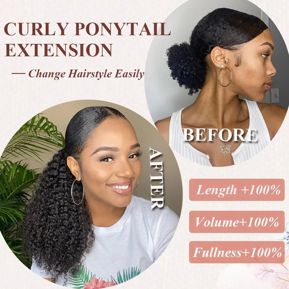 Drawstring Ponytail Kinky Curly Ponytail Deep Wave 100% Human Hair Ponytails 16 Inch Clip on Ponytails For Black Women #1B