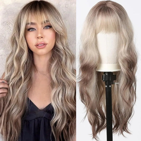 Blonde Brown Synthetic Wig With Bangs Long Curly Wigs For Women Ombre Blonde Wigs Dark Roots Heat Resistant Wigs For Daily Party