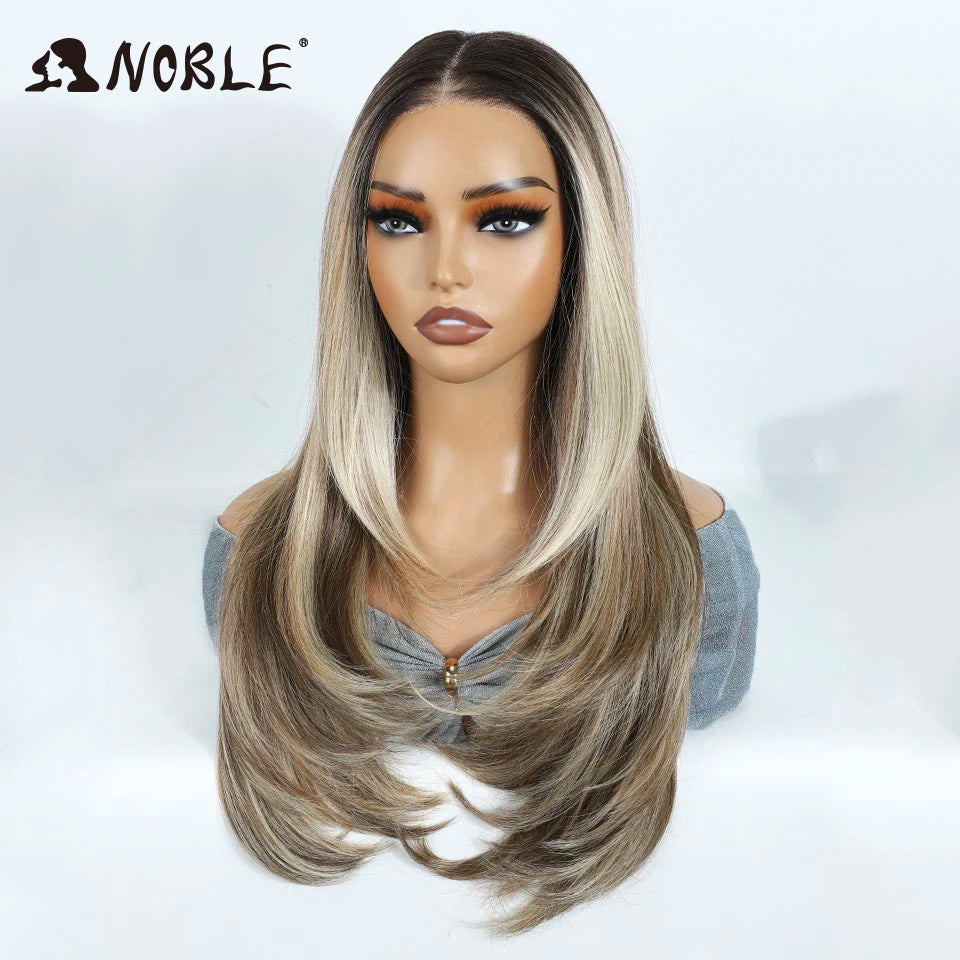 Noble Synthetic Lace Front Wigs For Woman 24 Inch Straight Lace Wig Ombre Brown 6x4 Pre Plucked Pre Cut Wear and Go Glueless Wig