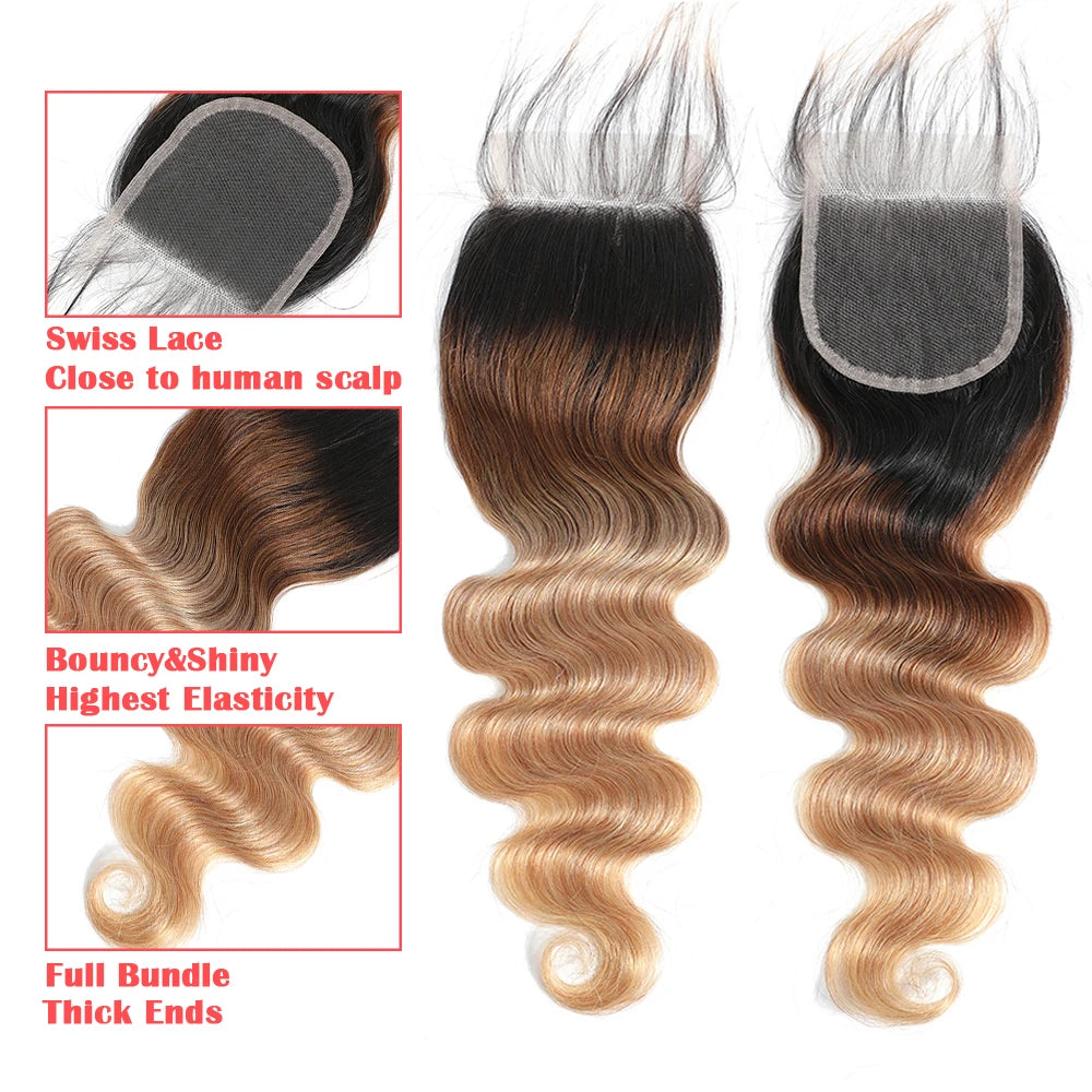 Ombre Human Hair Bundles With Closure Body Wave 100% Unprocessed Virgin Hair Brown Blonde Colored 3/4 Bundles With Closure