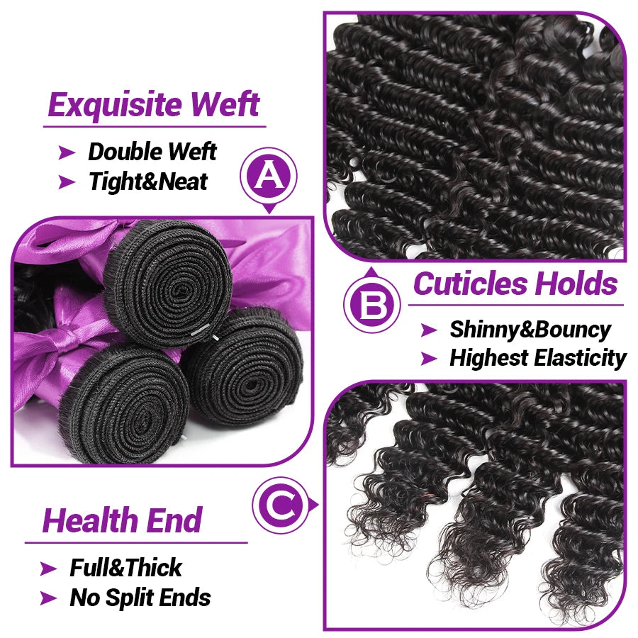 20 22 24 inch Deep Wave Hair Bundles with Closures 12A Raw Hair Long Thick Deep Curly Human Hair Bundles with 4x4 Lace Closure