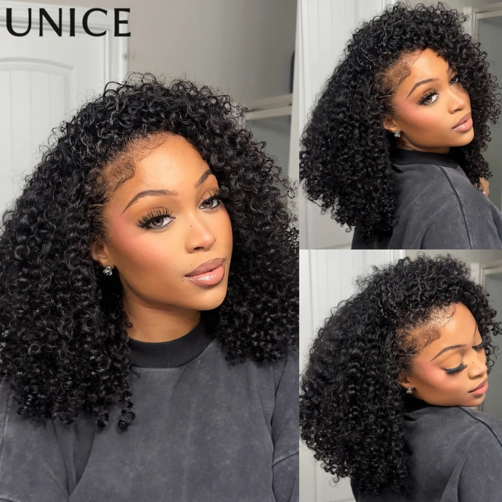 UNice Hair New 4C Blend Edges Kinky Curly Half Wigs With Drawstring 100% Human Hair Glueless Flip Over Wig No Leave Out