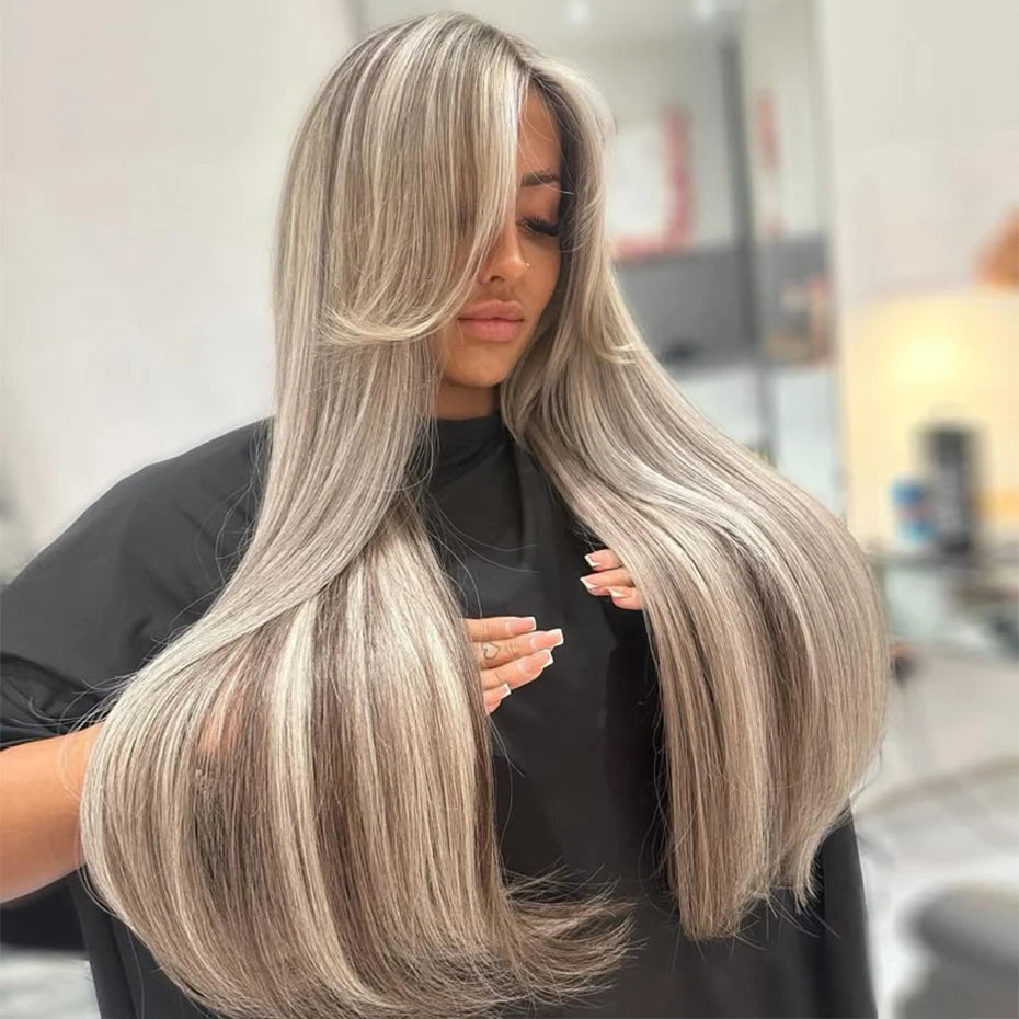 13x6 Ash Blonde Highlight Lace Front Human Hair Wig Bone Straight Ash Brown Colored Human Hair Wigs For Women Brazilian Hair