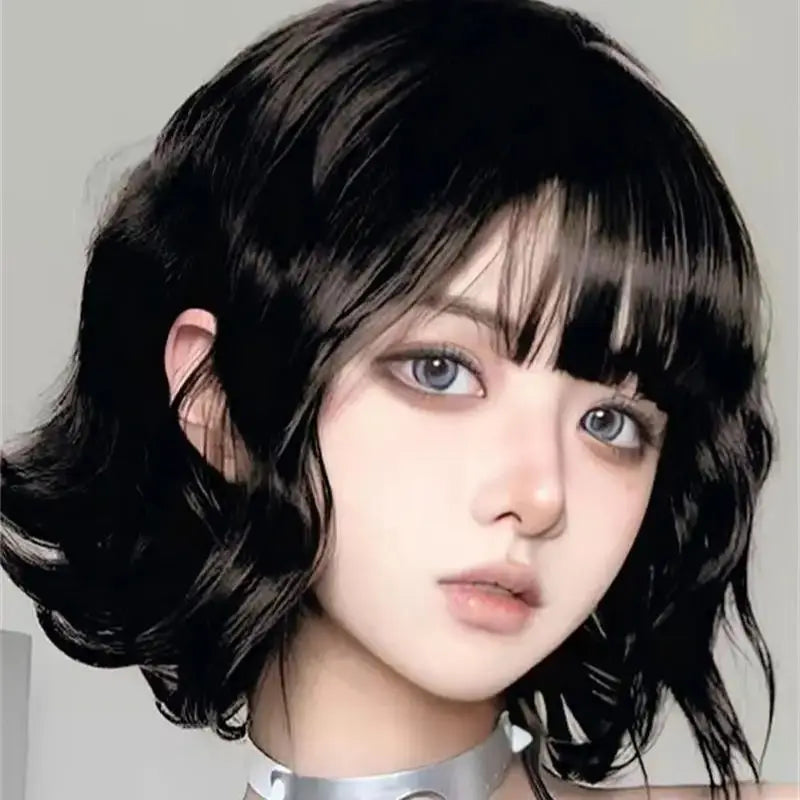Black short curly hair high quality synthetic wig fashion natural big wave wig ladies wig
