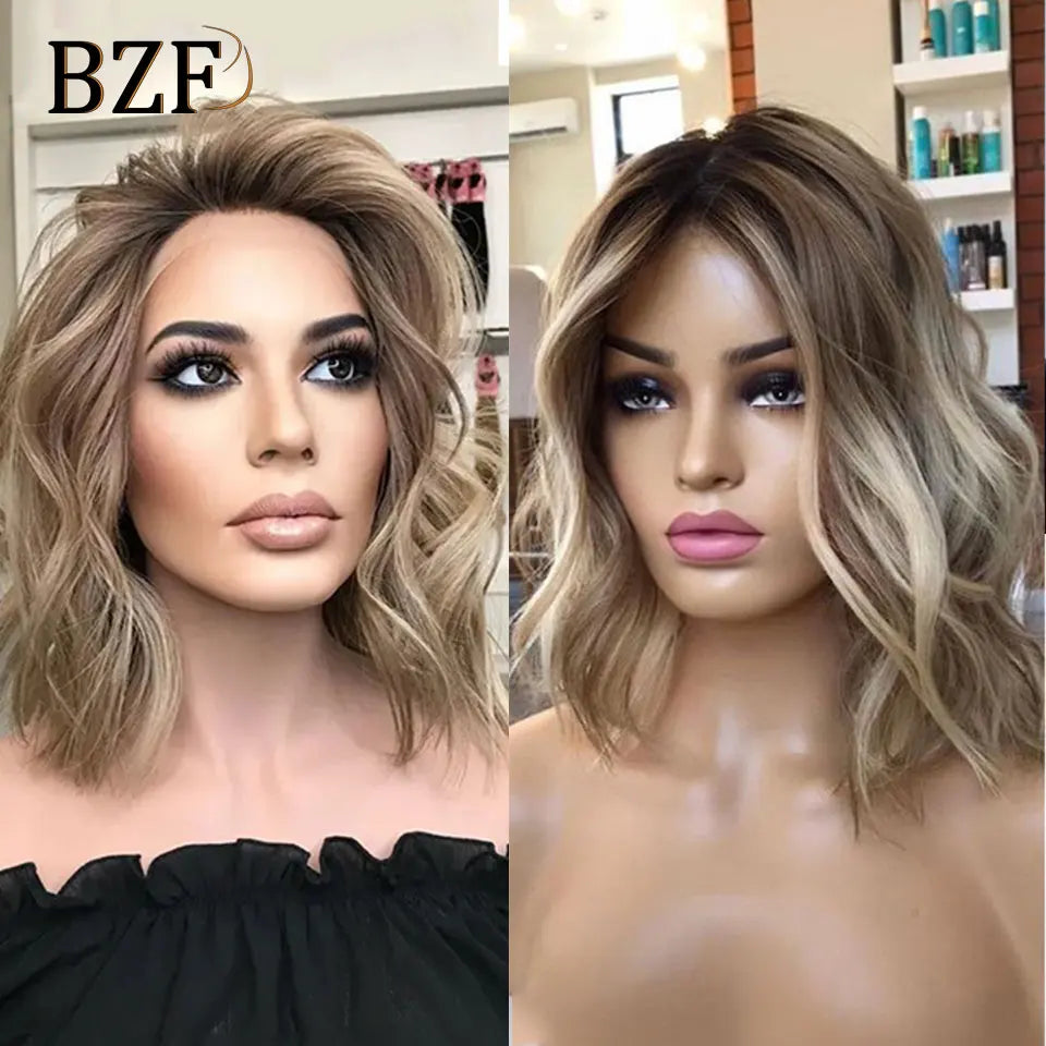 Brown Highlight Short Bob Wavy Synthetic Wigs For Women Daily Use Dark Brown Roots Ash Brown Wig Pre Plucked Curly Blonde Wig