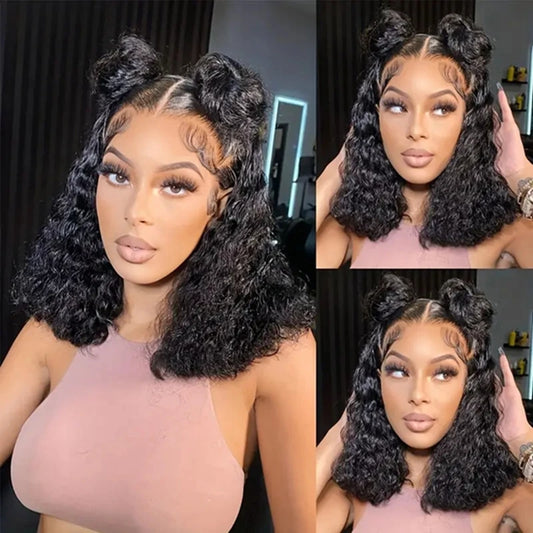 Deep Wave 13x4 Lace Frontal Bob Wig 200% Density Brazilian Pre Plucked 100% Human Hair Wigs #1B Water Wave Invisible Lace Wigs