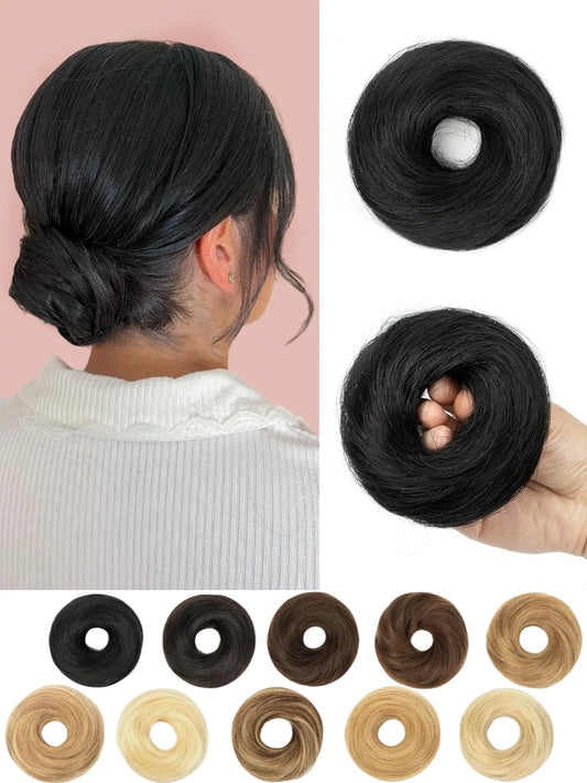 Messy Bun Hair Piece Human Hair Natural Black Wavy Tousled Stretchy Fluffy Donut Updo Elegant Chignon with Elastic Rubber Band