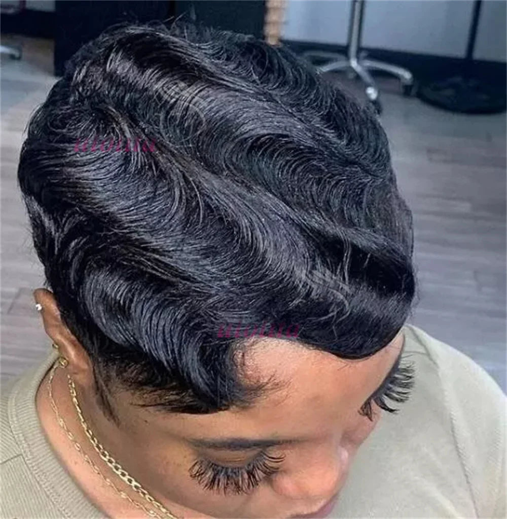 Pixie Cut Finger Wave Short Bob Wigs For Black Women Human Hair Ocean Wave Short Indian Human Hair Wig 13X1 Lace Front wigs