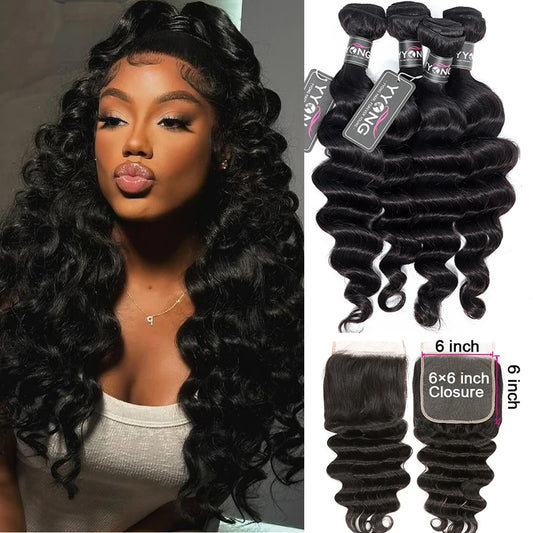 Yyong Loose Deep Wave Bundles With 6x6 Lace Closure Brazilian Remy Human Hair Bundles With Closures 3/4 Bundles With Closure