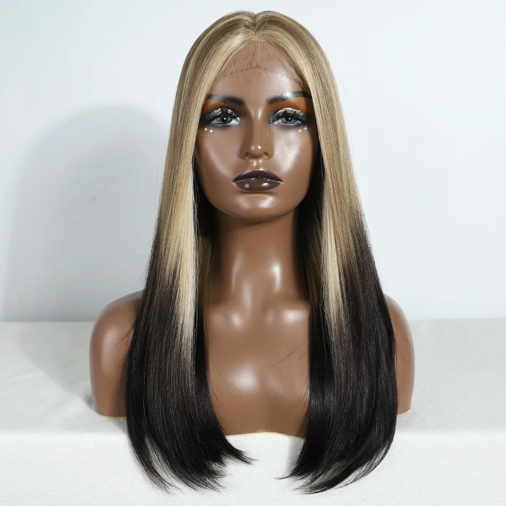 Synthetic Lace Front Wig Straight Baby Hair Bob Wig Bown Black Blonde Hair Wig 22"Cosplay Wig For Women Heat Resistant Wig