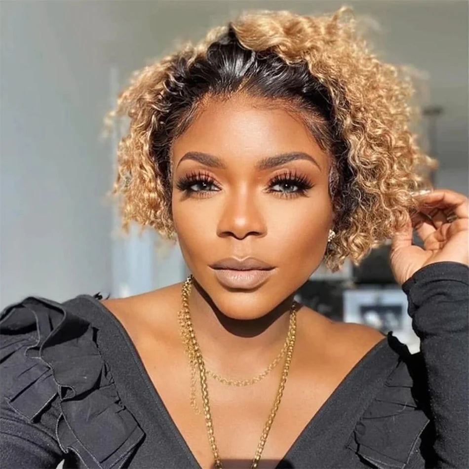 Pixie Cut Wig Kinky Curly Human Hair Wig Honey Blonde Burgundy Colored Short Curly Bob Wigs Pre plucked 13x1 Lace Frontal Wigs