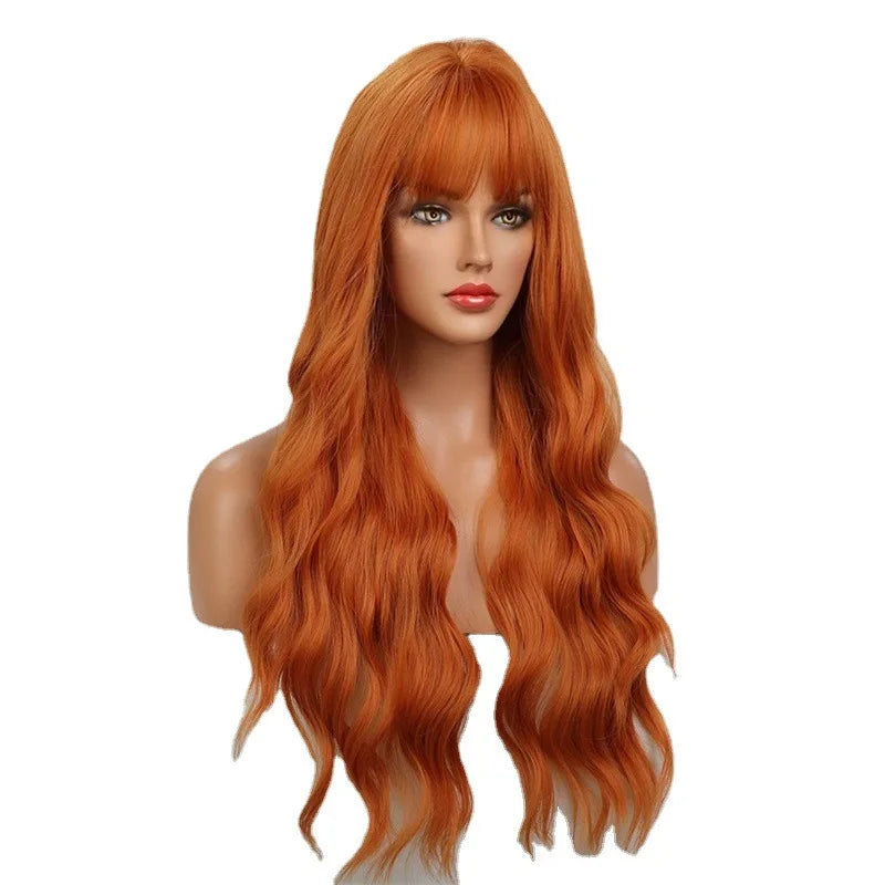 New synthetic fiber big wave wig Female orange air bangs long curly hair high temperature silk wig full head cover