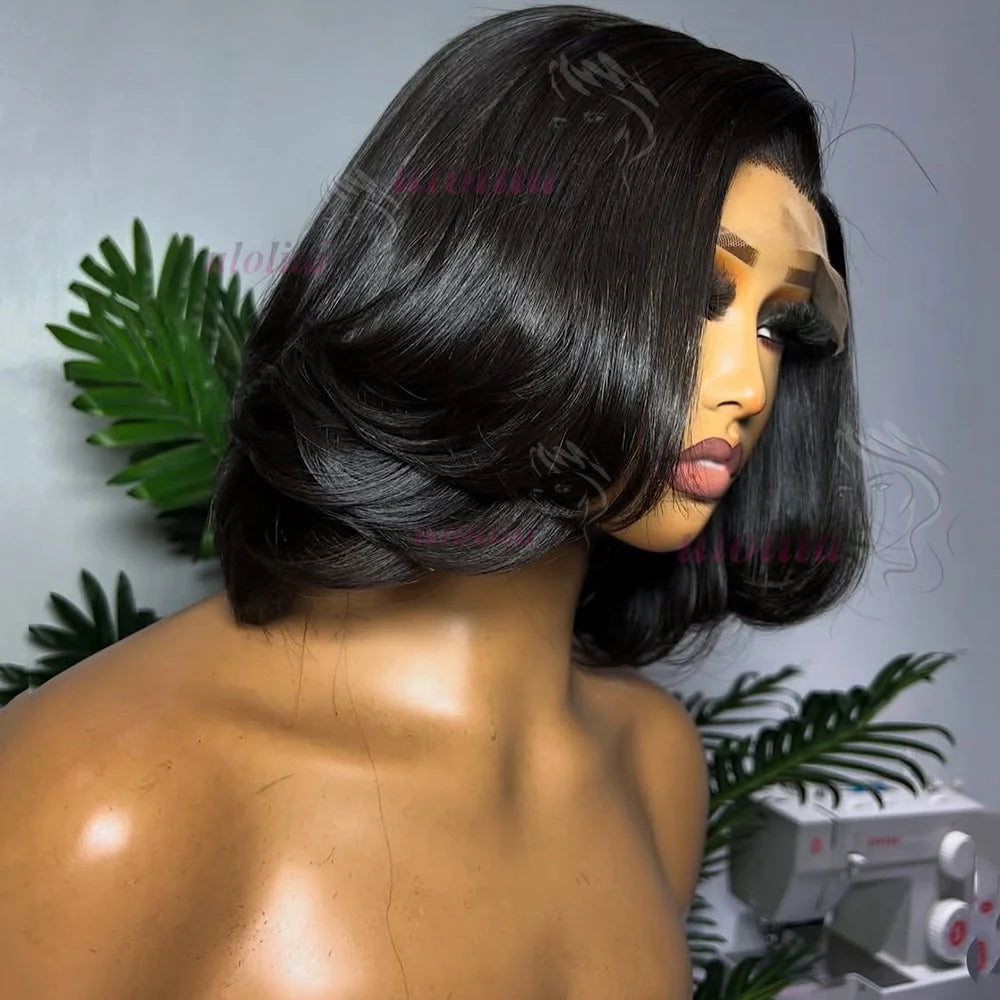 Short straightBob Wigs 13x4 HD Lace Closure Wig Blunt Cut with face framing layers Glueless Human Hair Ombre Chocolate brown wig