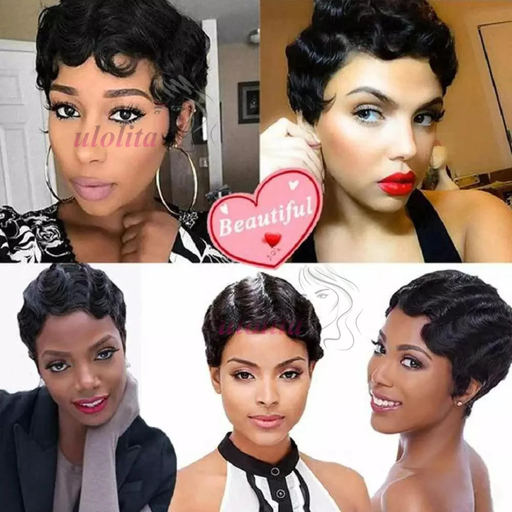 Pixie Cut Finger Wave Short Bob Wigs For Black Women Human Hair Ocean Wave Short Indian Human Hair Wig 13X1 Lace Front wigs