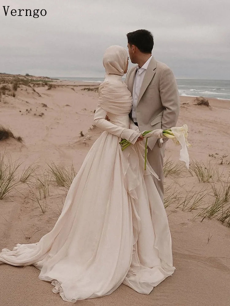 Verngo Modest Bridal Gowns HIgh Neck Full Sleeves Wedding Dresses Women Arabic Classy Bride Dresses Custmized