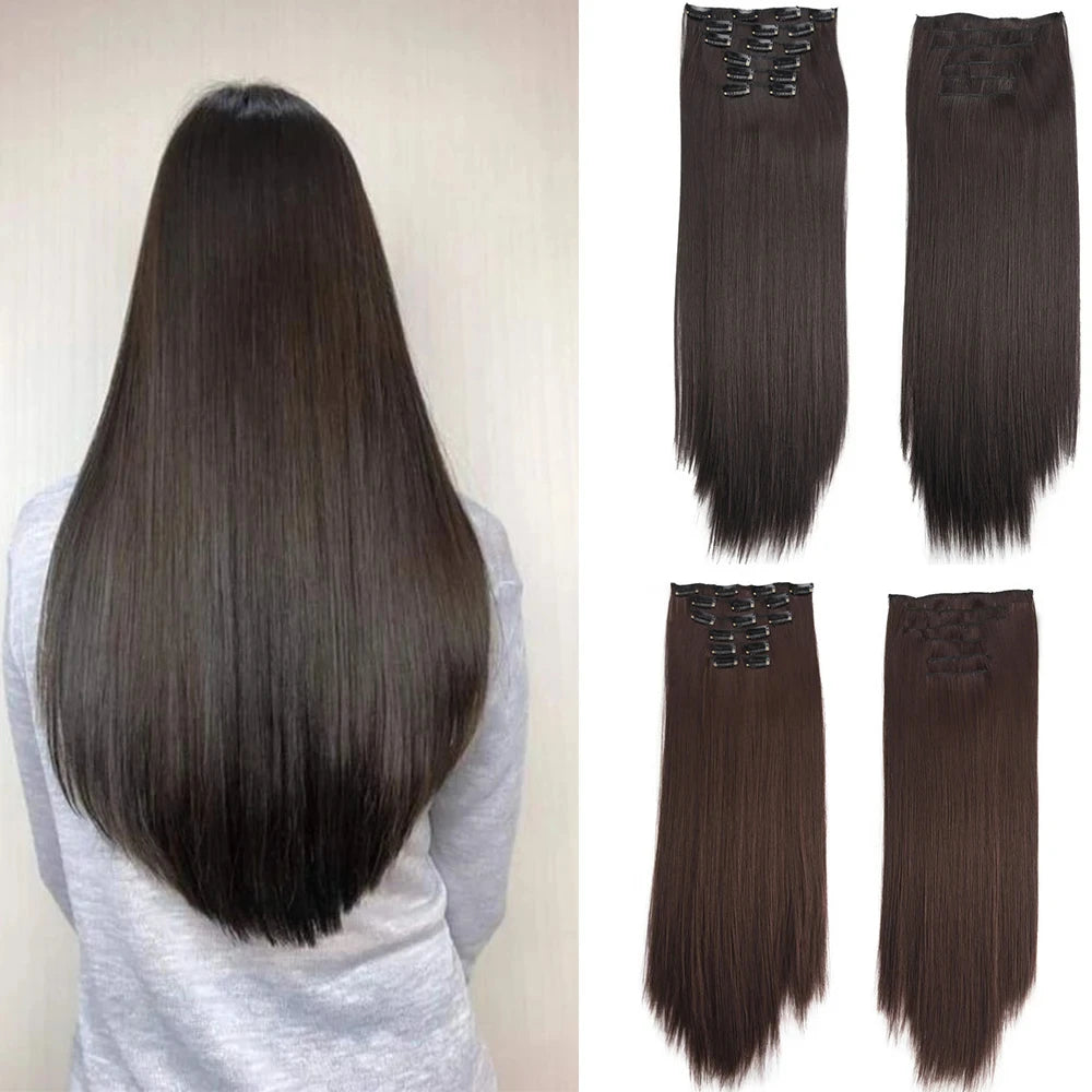 Clip in Hair Extensions Synthetic 24Inch Long Invisible Natural Straight 6 PCS Thick Seamless Clip on Hair Extensions for Women