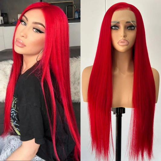 13X4 Burgundy Red Wig Long Straight Synthetic Lace Front Wig Dark Wine Colored Hair Lace Frontal Wigs for Women Party Cosplay