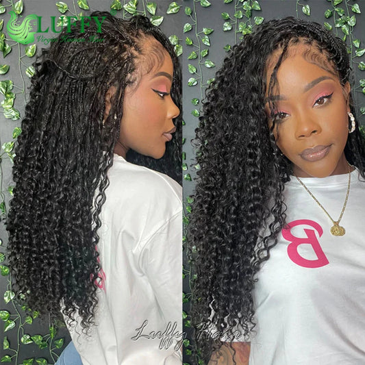 Braided Wigs 100% Human Hair Full Lace Wigs Knotless Boho Box Braids 300 Density Wig Curly Human Hair Pre Plucked with Baby Hair