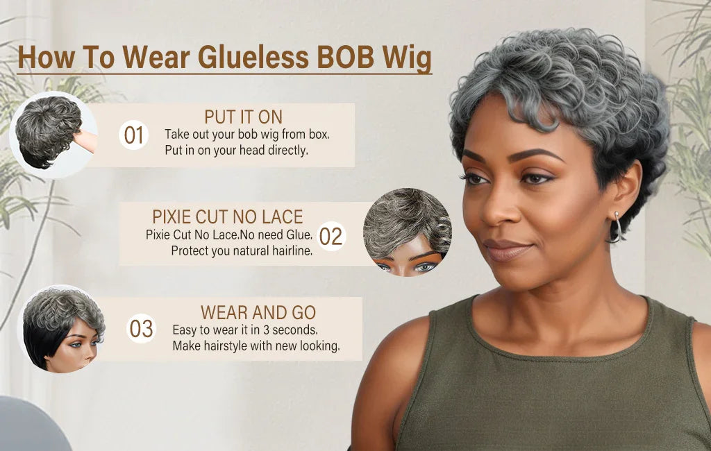 Salt And Pepper Bob HD 5X5 Glueless Human Hair Wigs Ready To Go Half Black Of Back Edgy Pixie Cut Wig With Natural Wave Bang