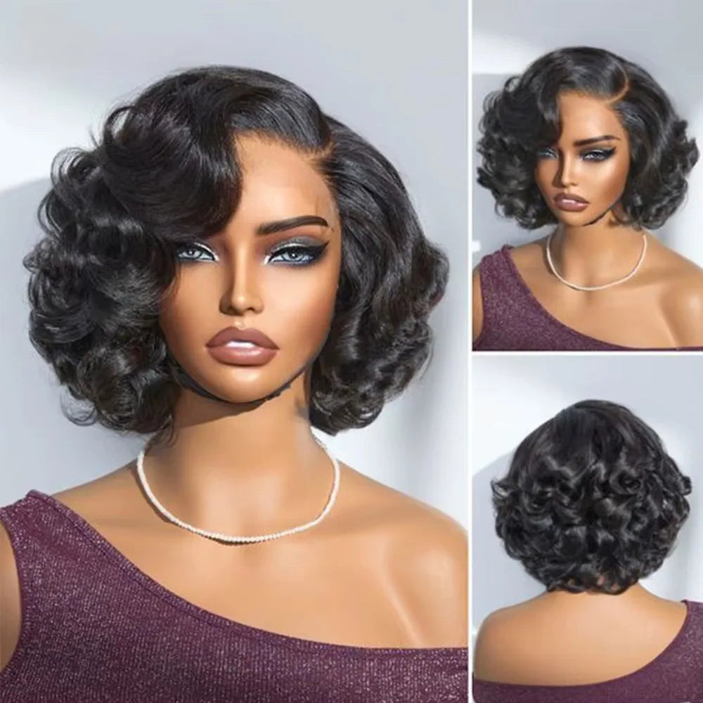 250% 13x4 Bouncy Curly Short Bob Body Wave Human Hair Wigs Hd Transparent Lace Frontal Wig Curly Hair Short Bob Wigs For Women