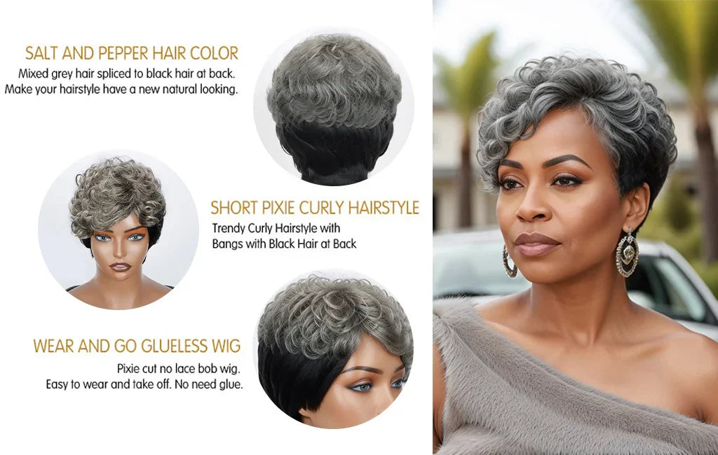 Salt And Pepper Bob HD 5X5 Glueless Human Hair Wigs Ready To Go Half Black Of Back Edgy Pixie Cut Wig With Natural Wave Bang