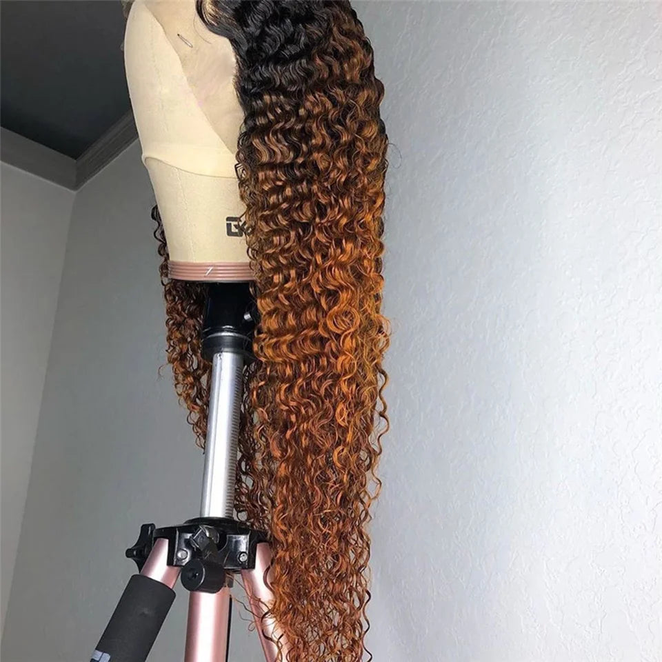 1B 30 Short Bob Kinky Curly Human Hair Wigs 13x4 Transparent Lace Frontal Wig Ombre Brown Colored 250% Density Brazilian Wigs