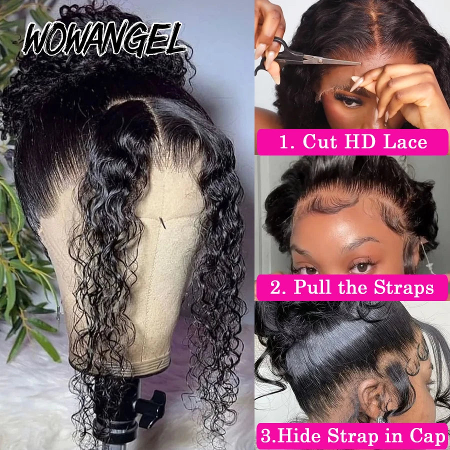 30in Invisi Drawstring 360 HD Lace Front Water Wave Wig Glueless Human Hair Wigs Full Lace Wigs Hidden Strap Remy Brazilian Hair