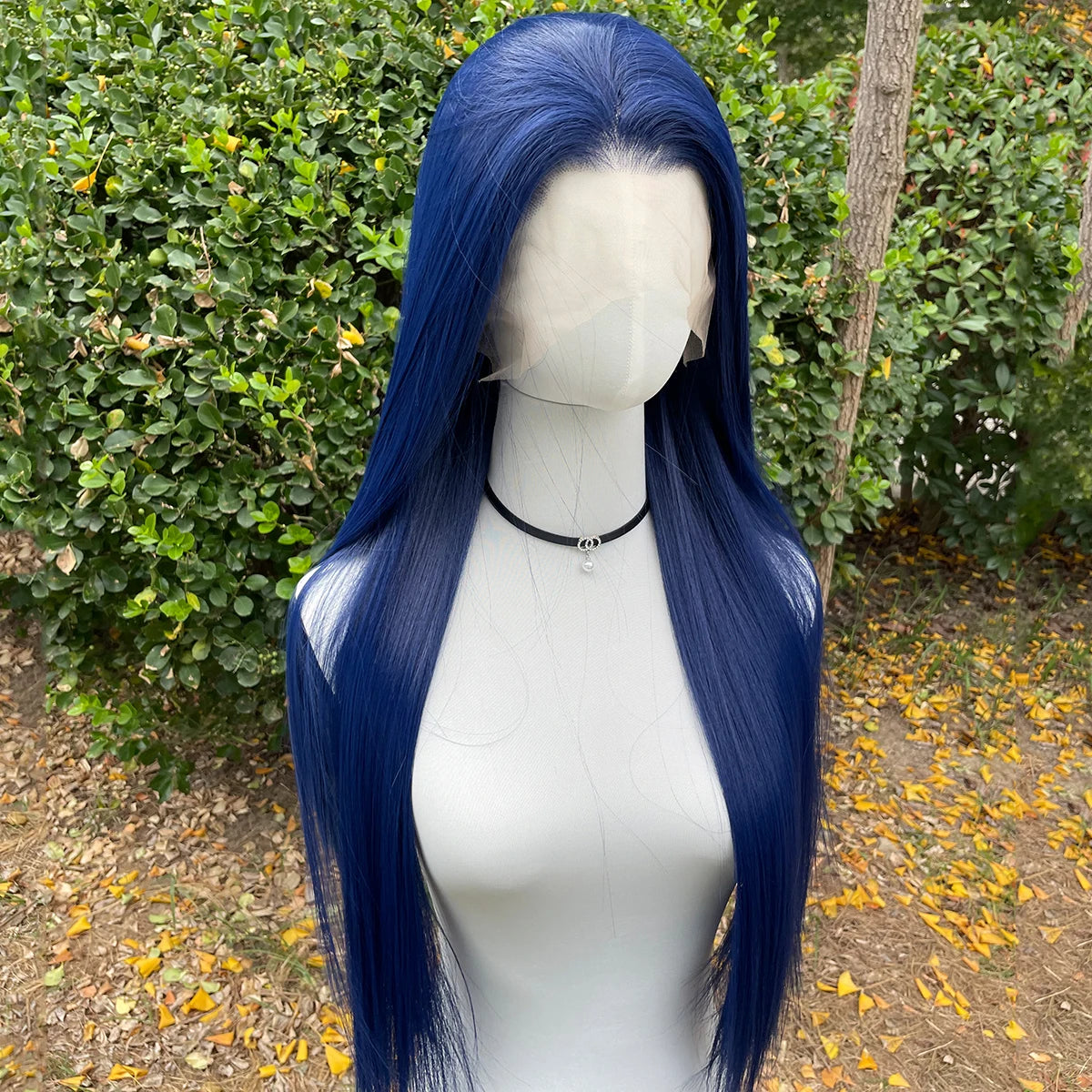 Dark Blue 13X4 Synthetic Lace Front Wigs for Women 26 Inch Long Sliky Straight Lace Wigs Half Hand Tied 150% Density Glueless