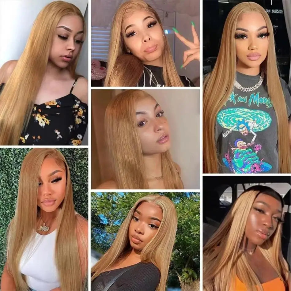#27 Honey Blonde Human Hair Straight Wig 13X6 Lace Frontal Preplucked Wig 13x4 30 34 Inch Lace Front Colored Wigs For Women