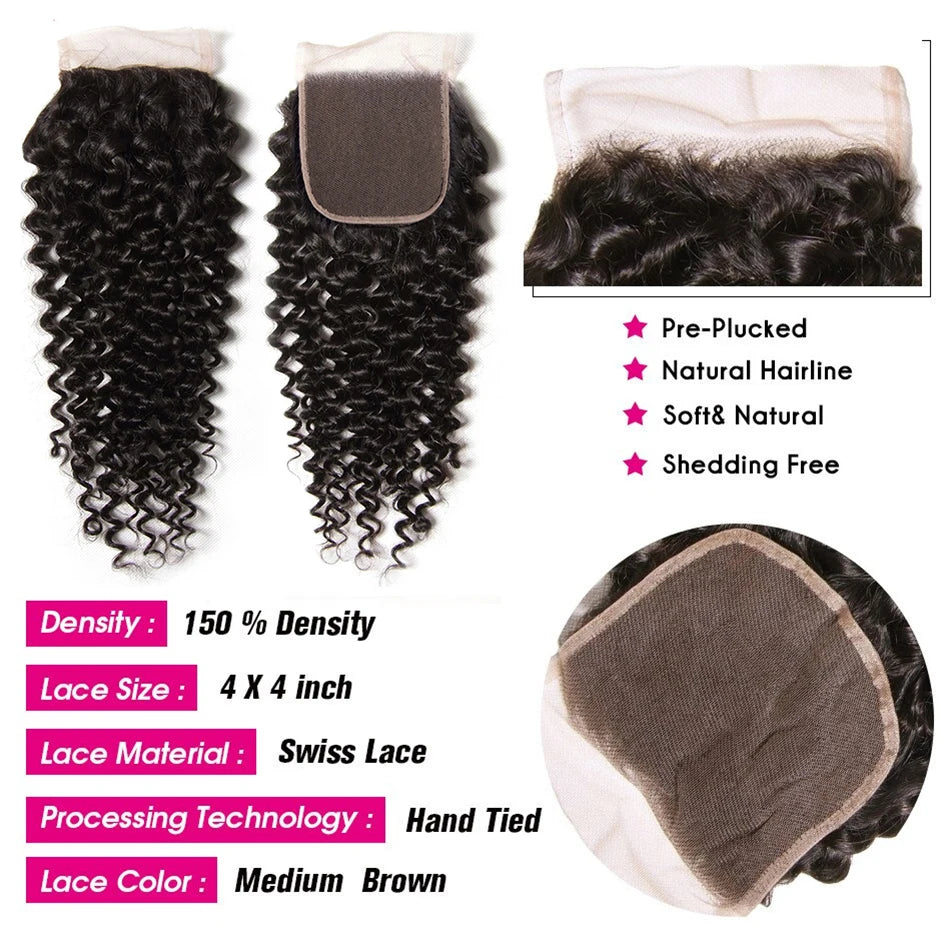 12A Kinky Curly Bundles With Closure Cheap Human Hair Extensions Jerry Curl Bundles Indian Deep Curly Wave Bundles With Closure