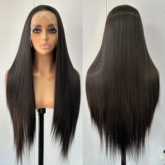 Dark Brown Long Silky Straight Synthetic Free Part Chocolate Brown Brunette Natural Heat Resistant Fiber Wigs for Women Daily