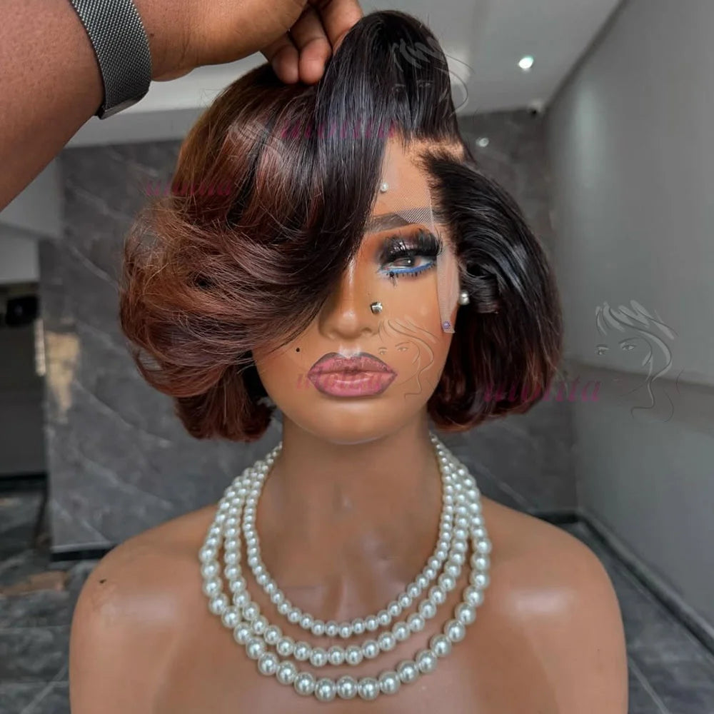 Short straightBob Wigs 13x4 HD Lace Closure Wig Blunt Cut with face framing layers Glueless Human Hair Ombre Chocolate brown wig